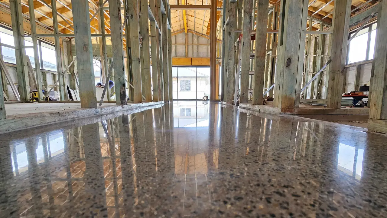 A mirror-finish polished concrete floor running the length of a new build, reflecting the timber frame